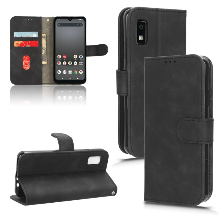 Black flip leather phone case, front cover folded open with camera cutout and kickstand