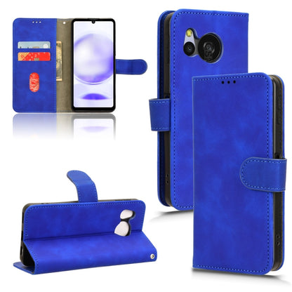 Blue flip leather phone case, front cover folded open with camera cutout and kickstand