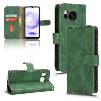 Green flip leather phone case, front cover folded open with camera cutout and kickstand