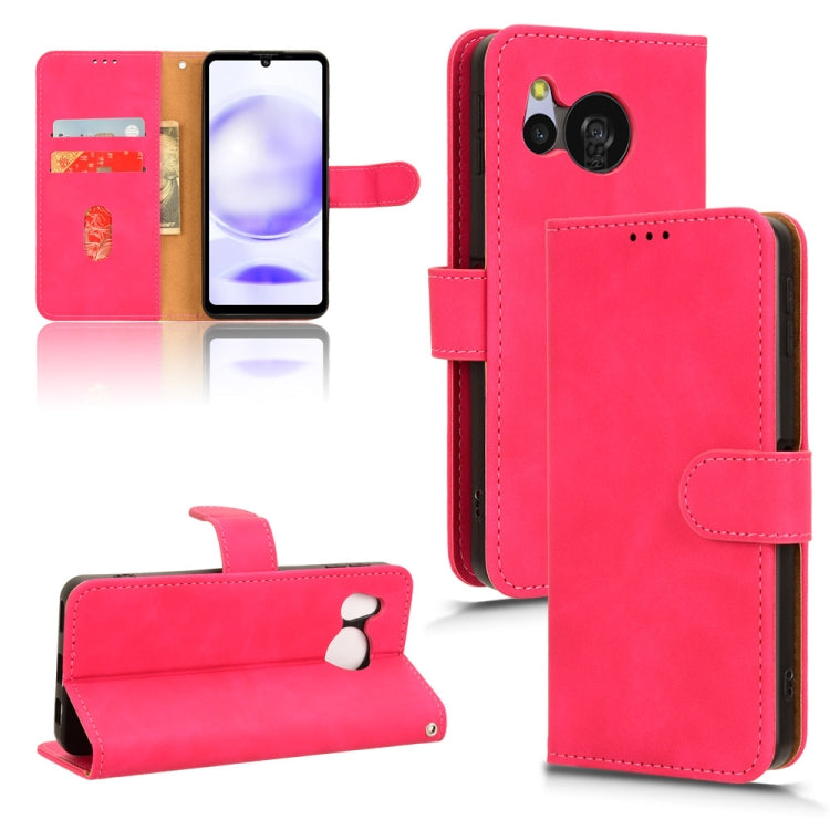 Rose red flip leather phone case, front cover folded open with camera cutout and kickstand