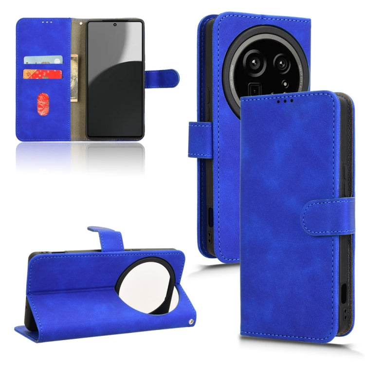 Blue flip leather phone case with magnetic closure and kickstand, card slots visible