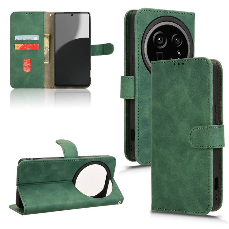 Green flip leather phone case with magnetic closure and kickstand, card slots visible