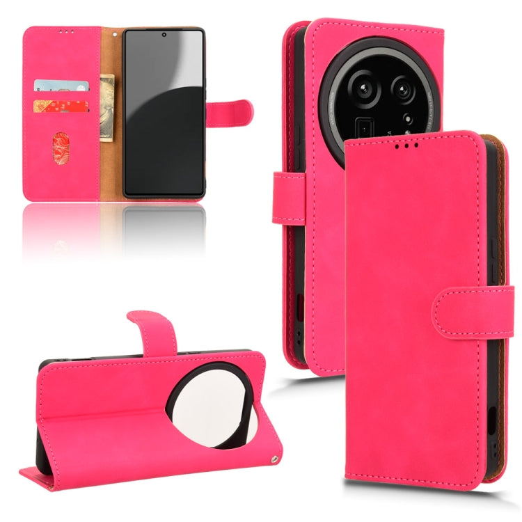 Rose red flip leather phone case with magnetic closure and kickstand, card slots visible
