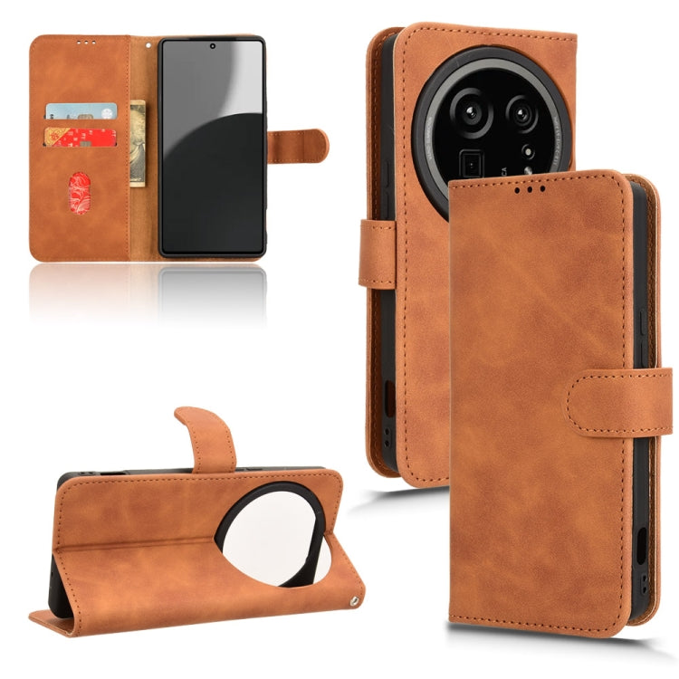 Brown flip leather phone case with magnetic closure and kickstand, card slots visible
