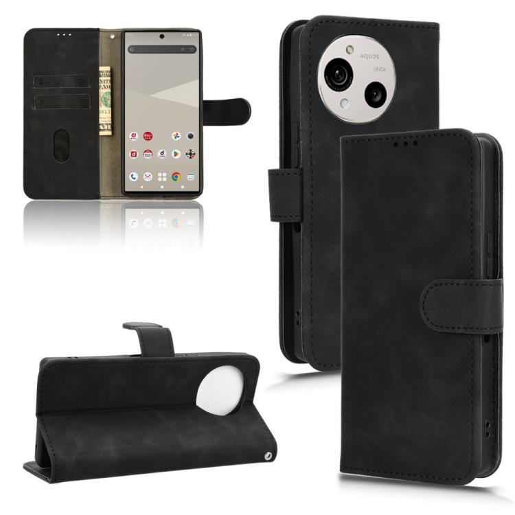 Black flip leather phone case with magnetic closure and viewing stand