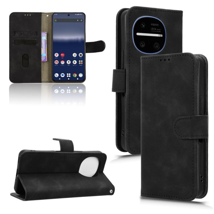 Black magnetic flip leather phone case with camera cutout, side strap, and open slots