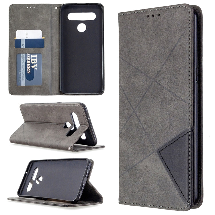 Grey leather wallet phone case with rhombus texture, flip stand, card slots, magnetic closure