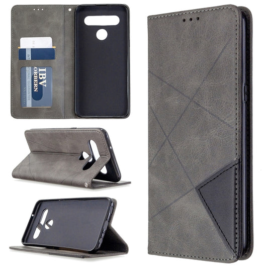 Grey leather wallet phone case with rhombus texture, flip stand, card slots, magnetic closure