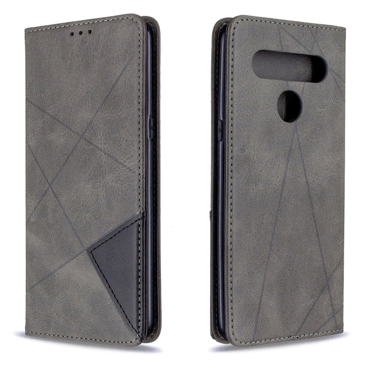 Grey flip wallet phone case with rhombus texture and stitched edges, rear and side views