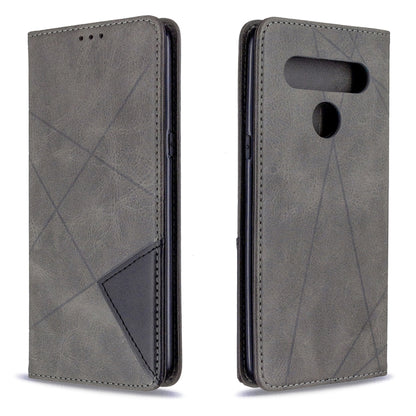 Grey flip wallet phone case with rhombus texture and stitched edges, rear and side views