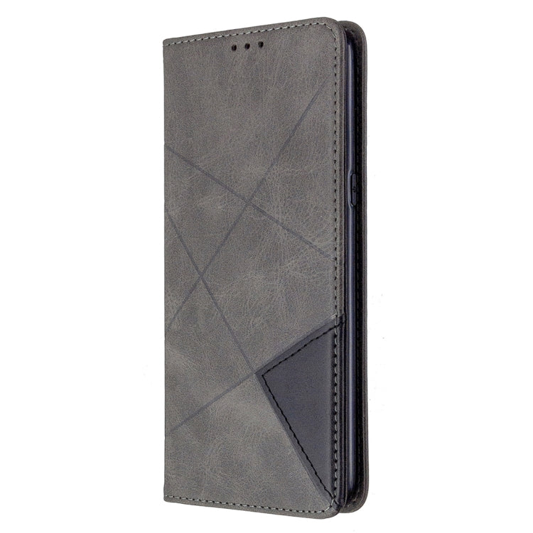 Grey rhombus-texture flip phone wallet case with stitched perimeter and cutout section