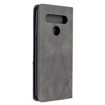 Grey flip phone wallet case with rhombus pattern and camera/speaker cutouts