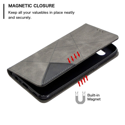 Grey flip wallet phone case showing magnetic closure and built-in magnet for secure hold