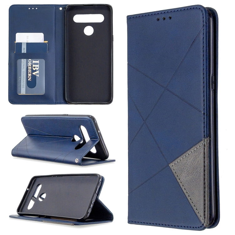 Blue leather wallet phone case with rhombus texture, flip stand, card slots, magnetic closure