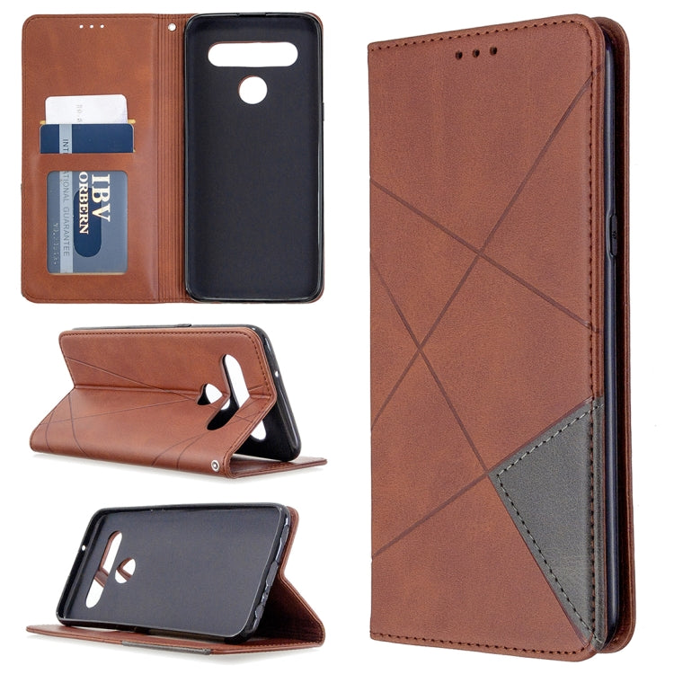 Brown rhombus-texture magnetic leather wallet case with card slots and stand