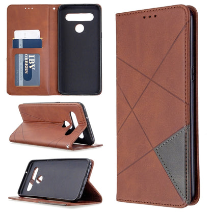 Brown rhombus-texture magnetic leather wallet case with card slots and stand