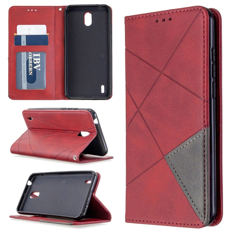 Red rhombus-texture magnetic leather wallet case with card slots and stand