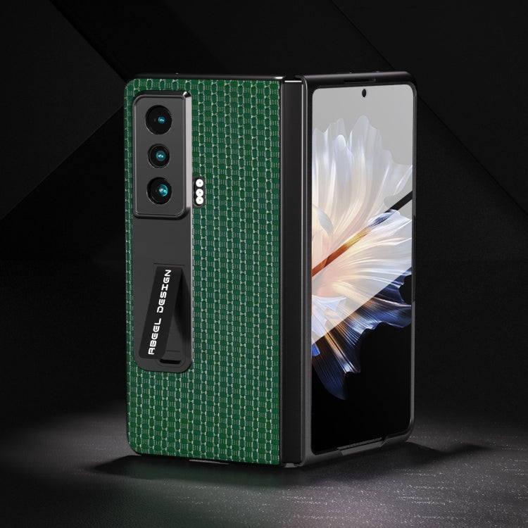 Night green genuine leather phone case with holder, front and side view