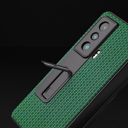 Night green genuine leather phone case with built-in holder detail and side cutout