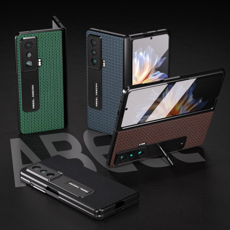 Assorted genuine leather phone cases with holder shown with foldable phones