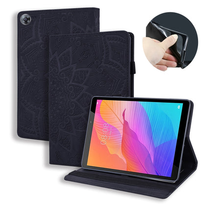 Embossed leather tablet case with card slots, pen holder, and elastic band, black