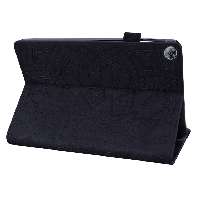 Embossed leather tablet case, black, textured pattern on folio cover