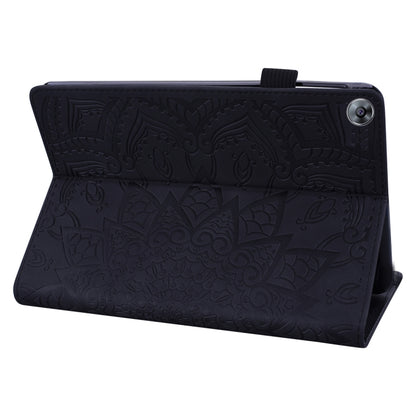 Embossed leather tablet case, black, textured pattern on folio cover