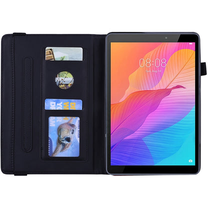Embossed leather tablet case with interior card slots, pen holder, and elastic band, black