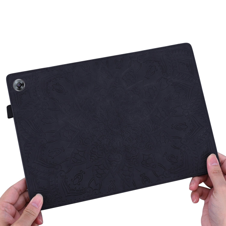 Embossed leather tablet case, black folio cover with corner camera hole