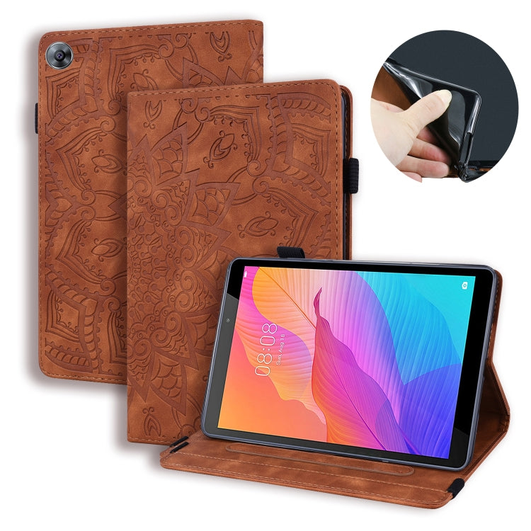 Embossed leather tablet case with card slots and elastic band, brown