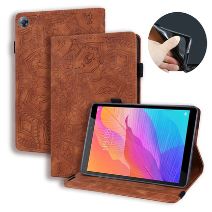 Embossed leather tablet case with card slots and elastic band, brown