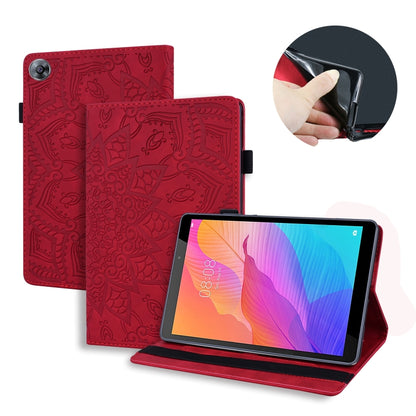 Embossed leather tablet case with card slots and elastic band, red
