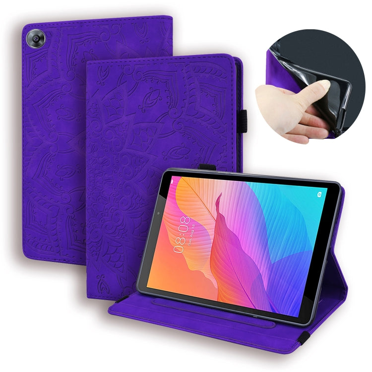 Embossed leather tablet case with card slots and elastic band, purple