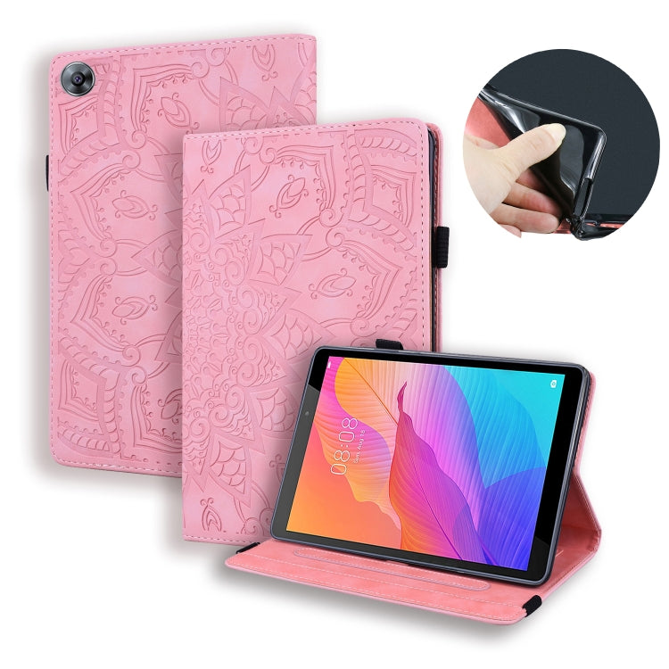 Pink embossed leather tablet case with card slots, elastic strap, and stand holder