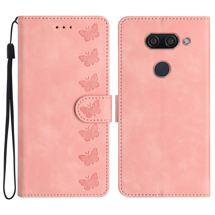 Pink embossed butterfly phone case with flip cover and back camera cutouts.