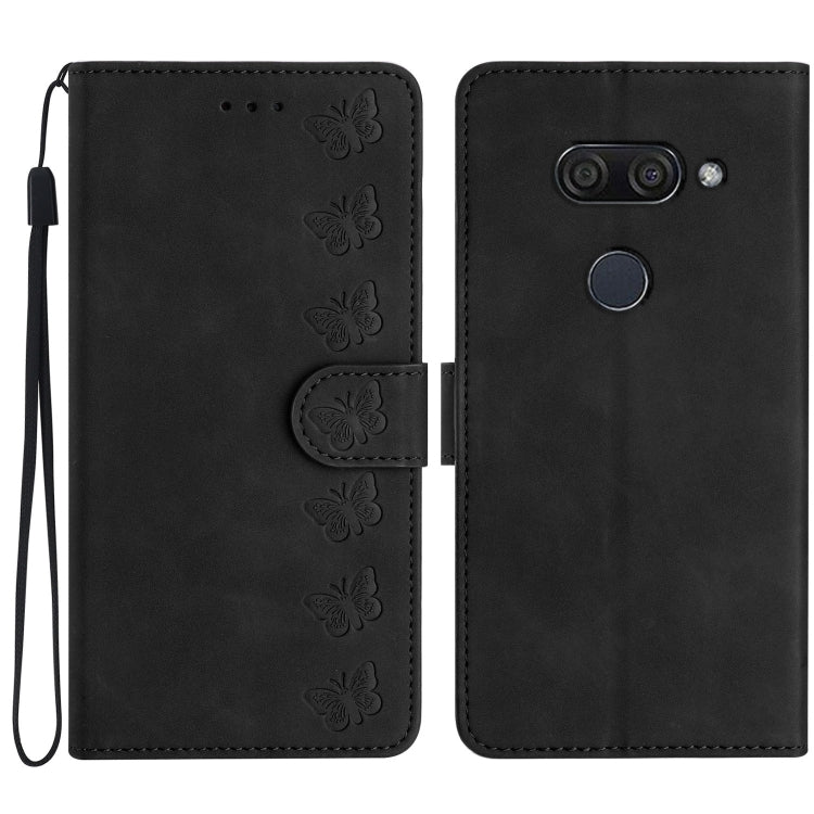 Black embossed leather phone case with butterfly pattern, flip cover and wrist strap.