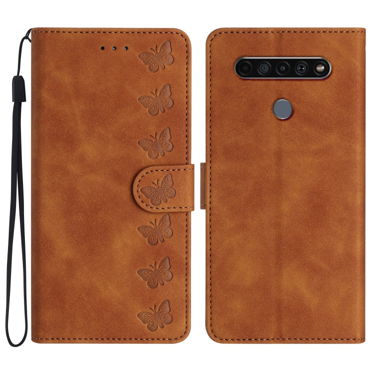 Brown front-and-back view of embossed butterfly phone case with flip strap and camera opening.
