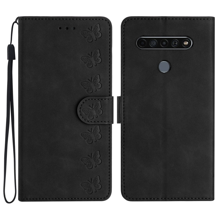 Black leather phone case with embossed butterflies, flip cover and wrist strap.