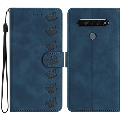 Blue embossed butterfly leather wallet phone case with multi-lens camera cutout.