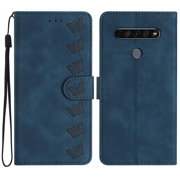 Blue embossed butterfly leather wallet phone case with side cutout and multi-lens camera.