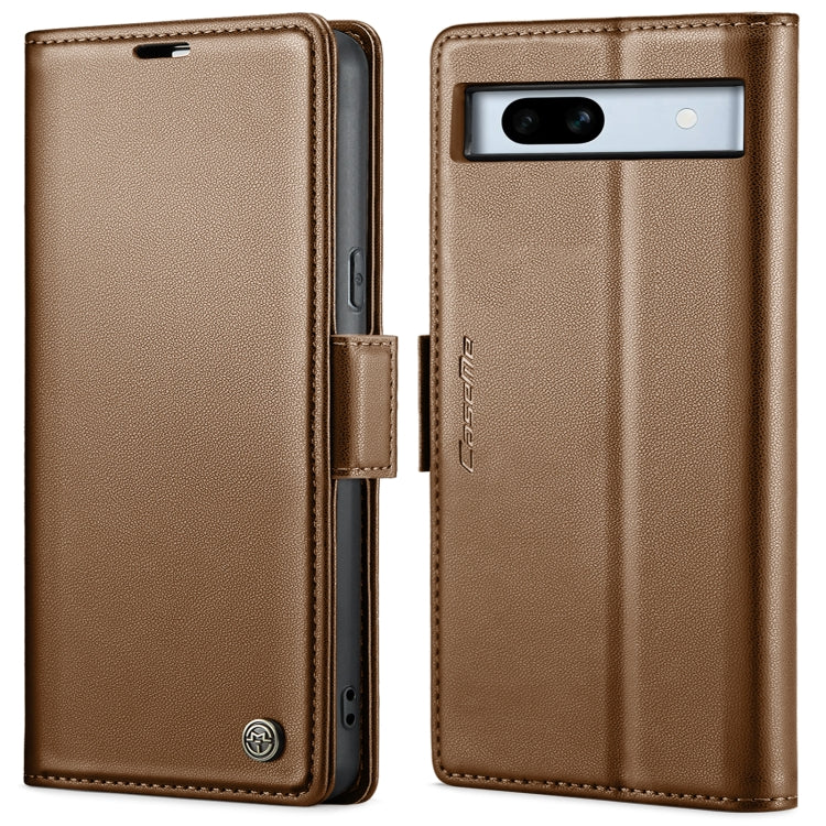 Brown leather flip phone case with buckle strap and horizontal camera window