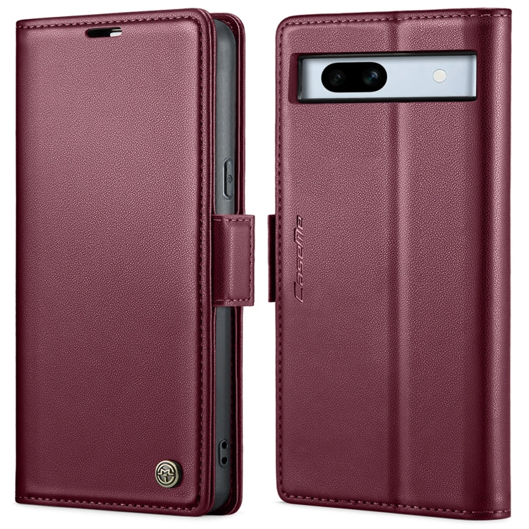 Wine red leather flip phone case with buckle strap and horizontal camera window