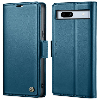 Blue leather flip phone case with buckle strap and horizontal camera window