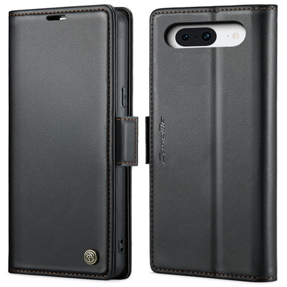 Black leather flip phone case with buckle strap and vertical camera cutout
