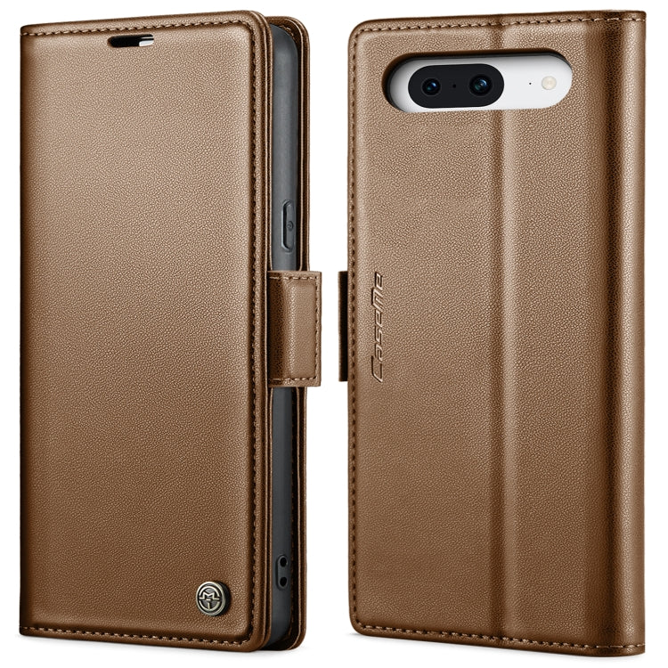 Brown leather flip phone case with buckle strap and vertical camera cutout