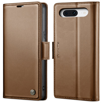 Brown leather flip phone case with buckle strap and vertical camera cutout
