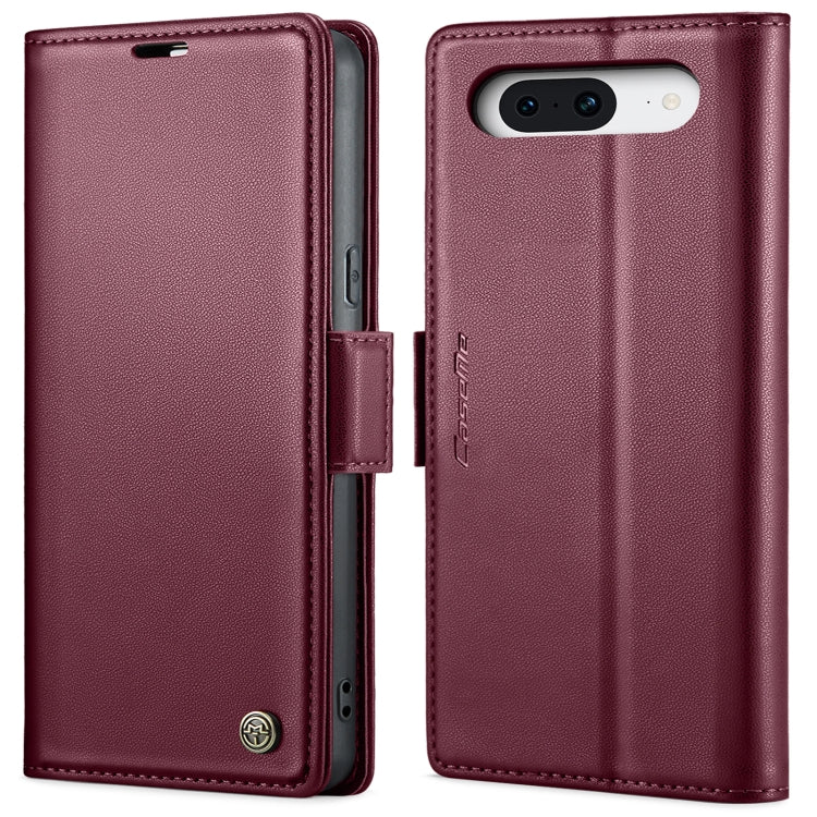 Wine red leather flip phone case with buckle strap and vertical camera cutout