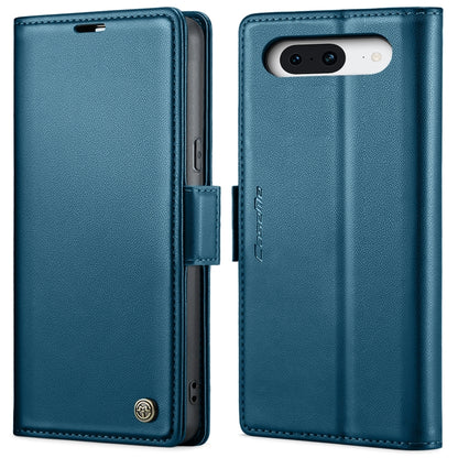 Blue leather flip phone case with buckle strap and vertical camera cutout