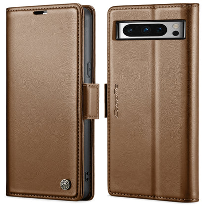 Tan leather flip phone case with magnetic strap and camera window