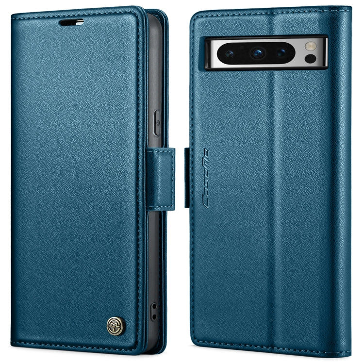 Blue leather flip phone case with magnetic strap and camera window